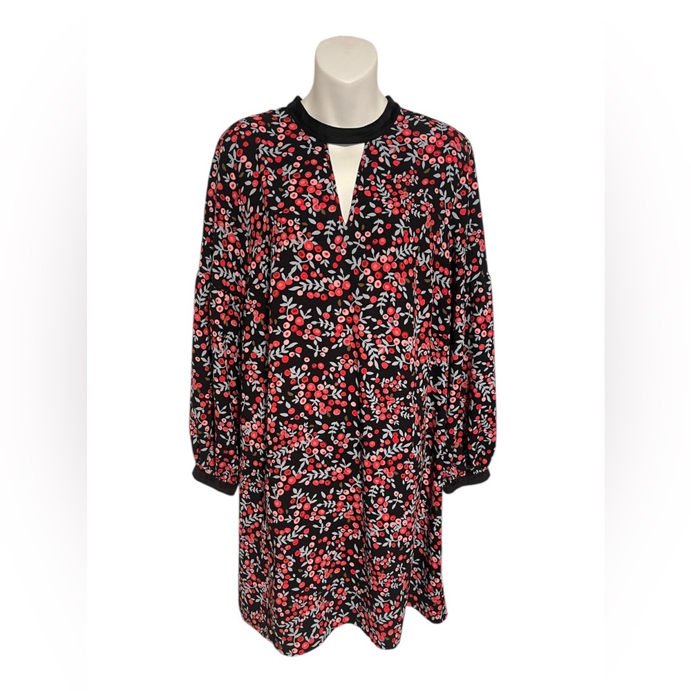 Loft Floral Berry Dress Size Large Velvet Trim Keyhole Cut Out Long Sleeve